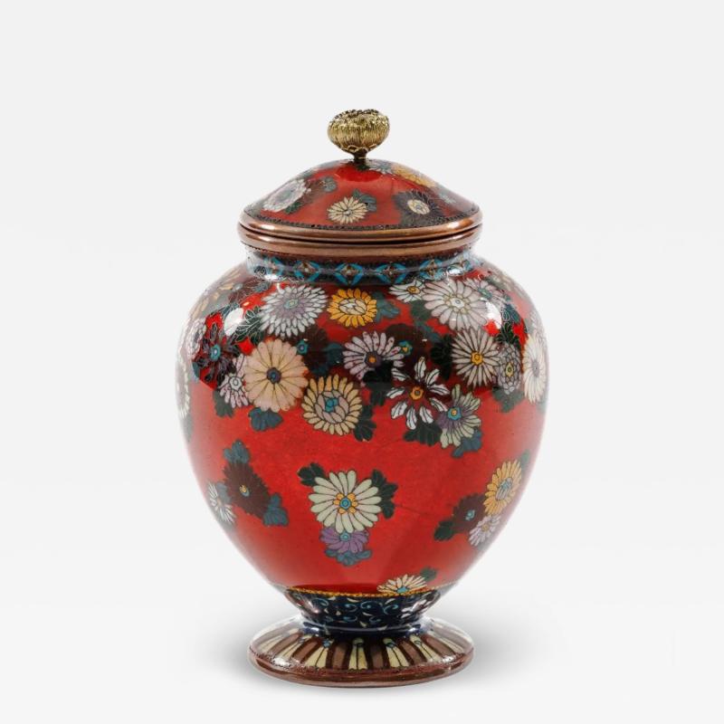 Rare Japanese Cloisonne Enamel Covered Jar with Transparent Red Ground Floral