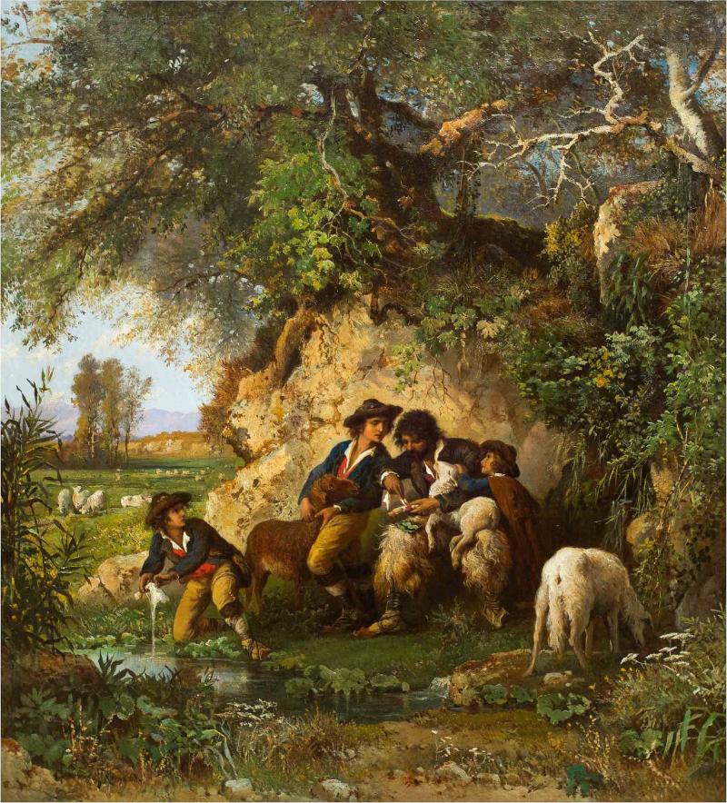 Rare Landscape Painting of Shepherds and Injured Lamb by Hermann Corrodi