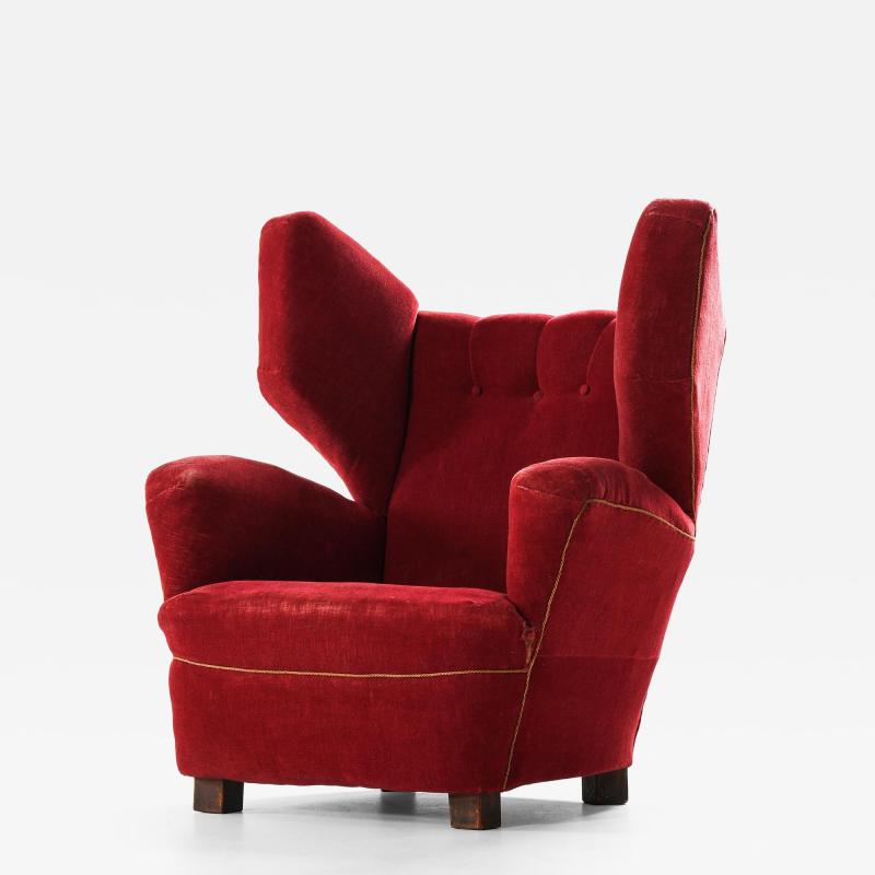 Rare Large Wingback Easy Chair in Fabric and Oak 1930s