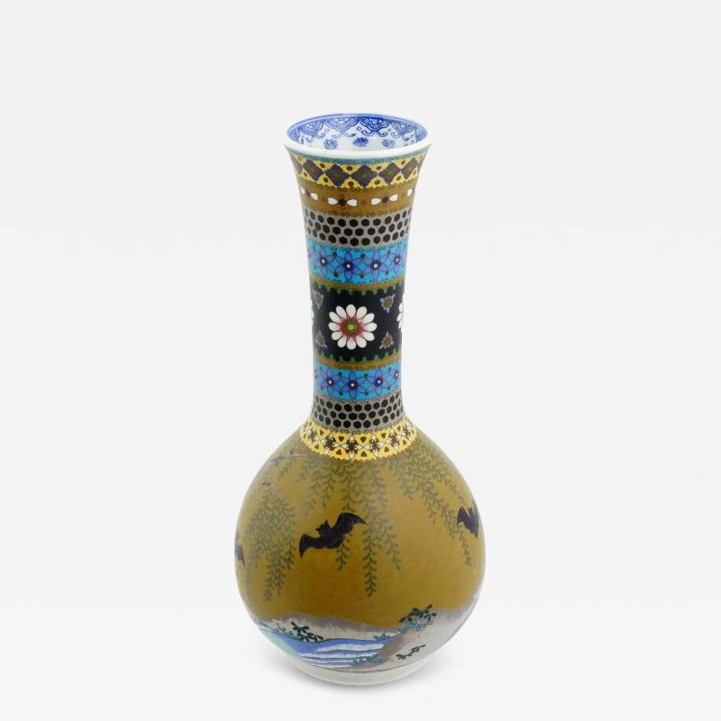 Rare Meiji Japanese Cloisonne Enamel On Porcelain Bats Vase Signed