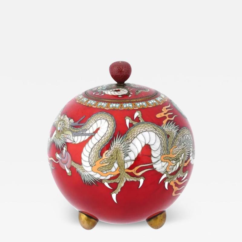 Rare Meiji Japanese Cloisonne Red Enamel Green and White Dragon Jar