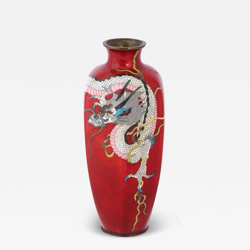 Rare Meiji Japanese Cloisonne Red Enamel Pink Dragon Vase