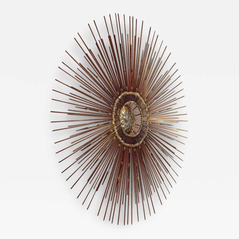 Rare Mid Century Copper Brass and Iron Sunburst Mirror Wall Sculpture by Bela