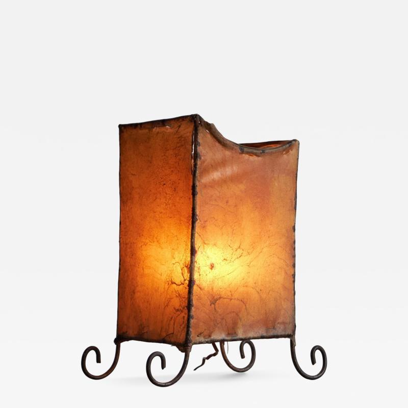 Rare Mid Century Table Lamp in Goatskin and Wrought Iron 1950s
