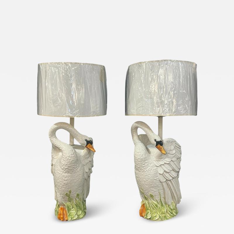 Rare Pair Italian Porcelain Swan Lamps