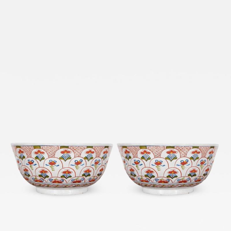 Rare Pair of 18th c English Delft Polychrome Punch Bowls