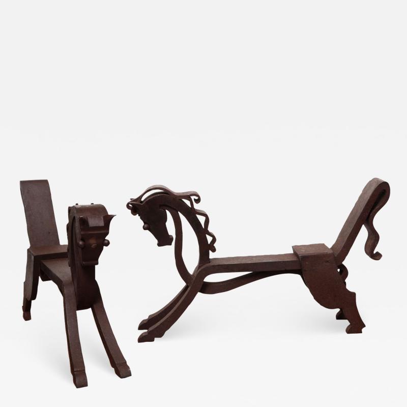 Rare Pair of Horse shaped Wrought Iron Andirons
