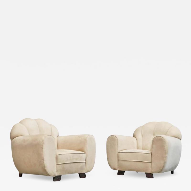 Rare Pair of Monumental Art Deco Lounge Chairs in Alcantara 1930s