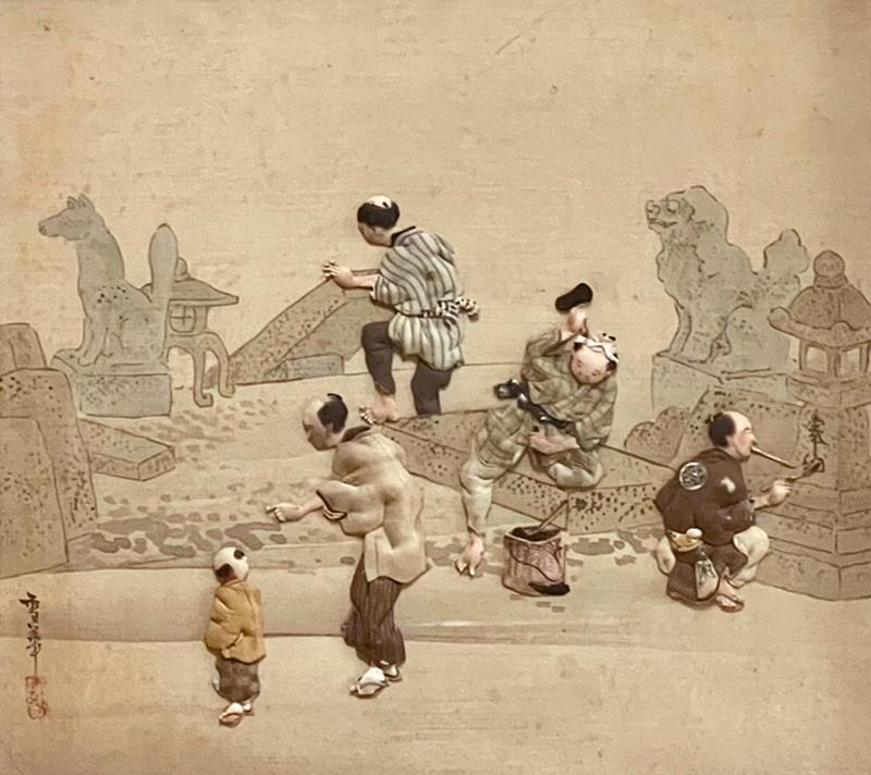 Rare Set of Framed Japanese Oshi E Textile Art Meiji Period