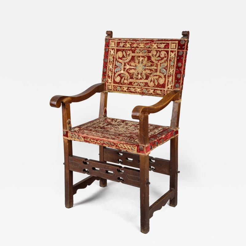 Rare Spanish Arm Chair with Original Embroidered Fabric