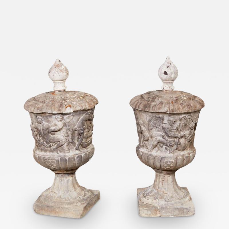 Rare and Important Pair of 17th c Carved Marble Urns