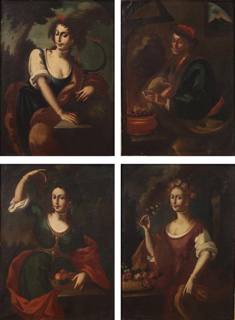 Rare lot of 18th century antique paintings allegory of the four seasons