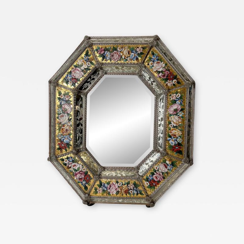 Rare octagonal Venetian mirror in etched glass and micro mosaic Circa 1865