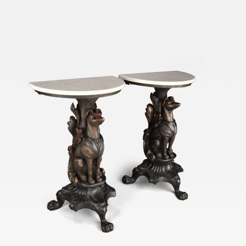 Rare pair of finely carved Black Forest hound side tables