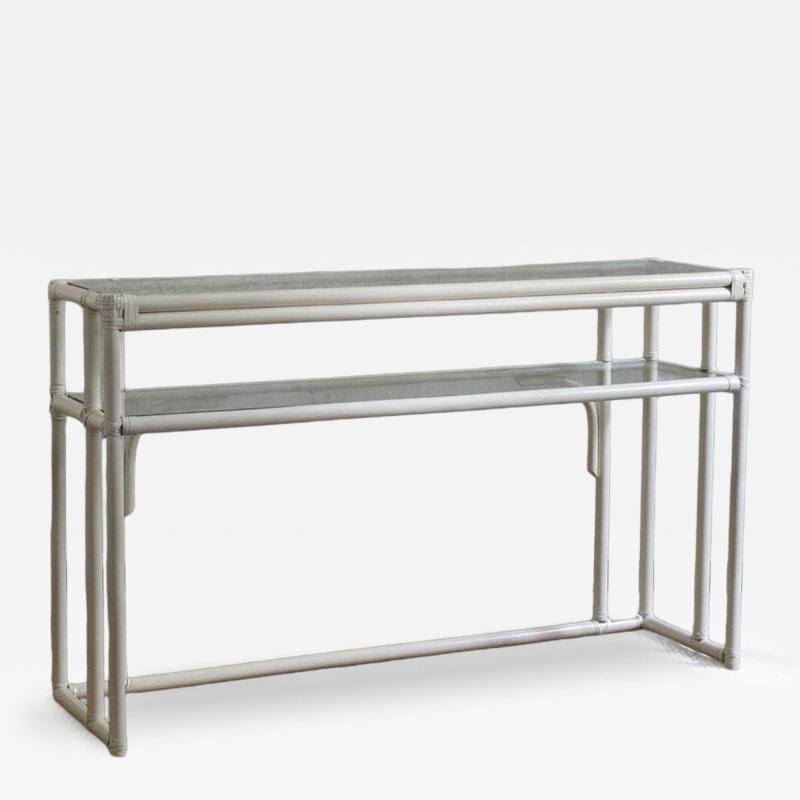Rattan Console Table With Glass Shelves And Leather Bindings Edizioni Molto