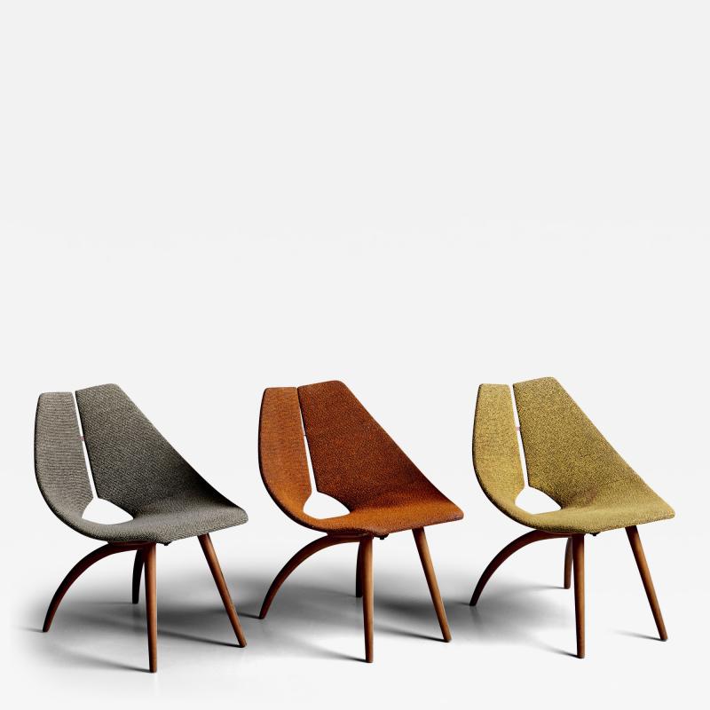 Ray Komai Rare Set of three upholstered early Ray Komai Plywood Lounge Chairs USA 1940s