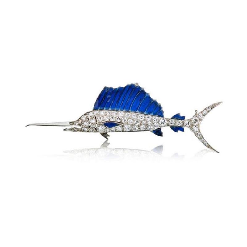 Raymond C Yard RAYMOND C YARD PLATINUM 18K WHITE GOLD SWORDFISH BLUE ENAMEL DIAMOND BROOCH