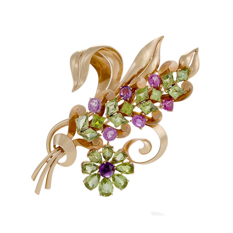 Raymond C Yard Raymond Yard Retro Peridot Pink Sapphire Amethyst and Gold Flower Brooch