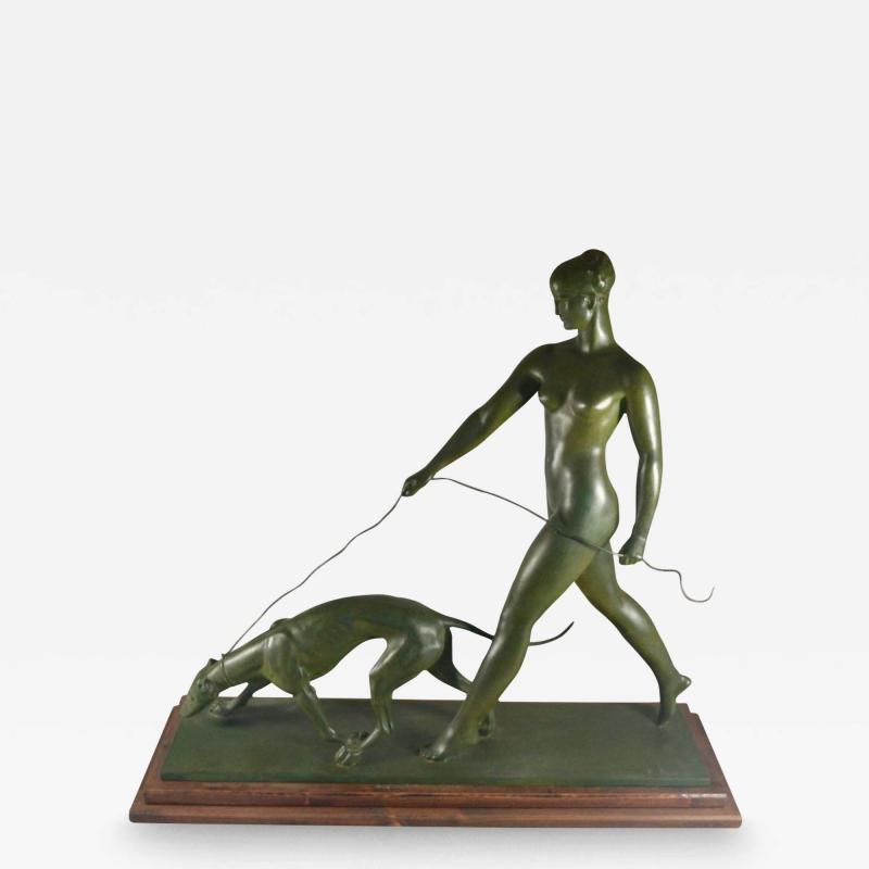 Raymond Leon Rivoire Art Deco Sculpture by Raymond Leon Rivoire Titled FEMME AU LEVRIER