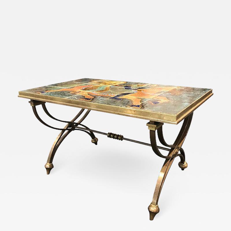 Raymond Subes BRONZE LOW TABLE IN THE MANNER OF RAYMOND SUBES DECORATED WITH A CERAMIC TOP