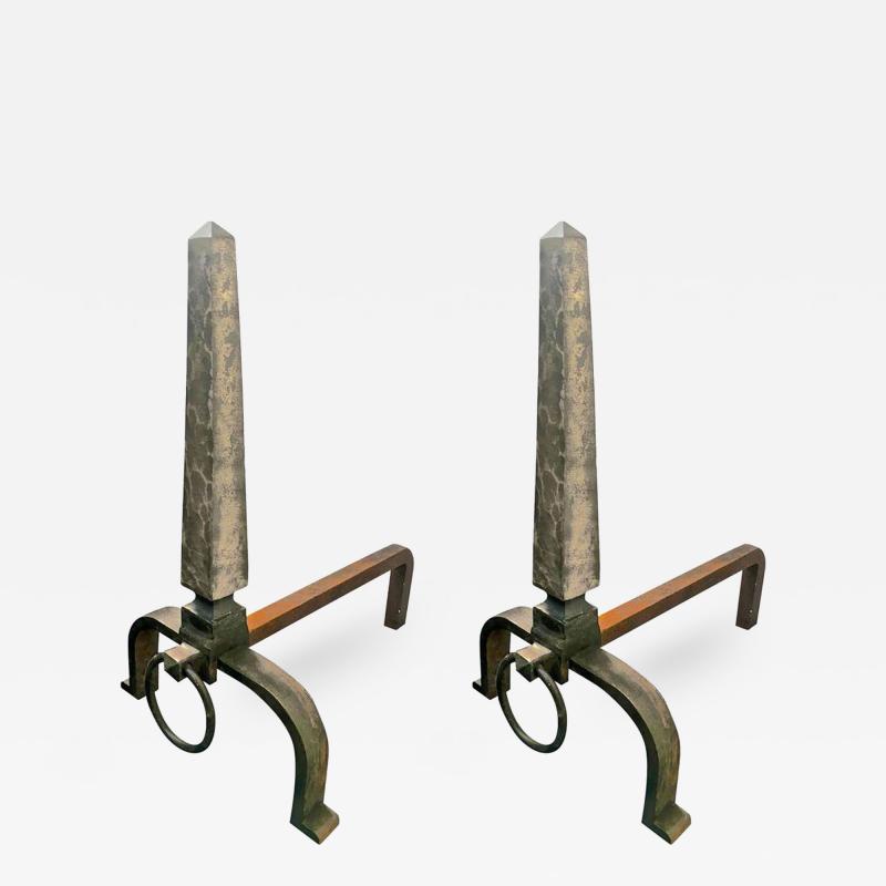 Raymond Subes Raymond Subes Pair of Obelisk Wrought Iron Andirons