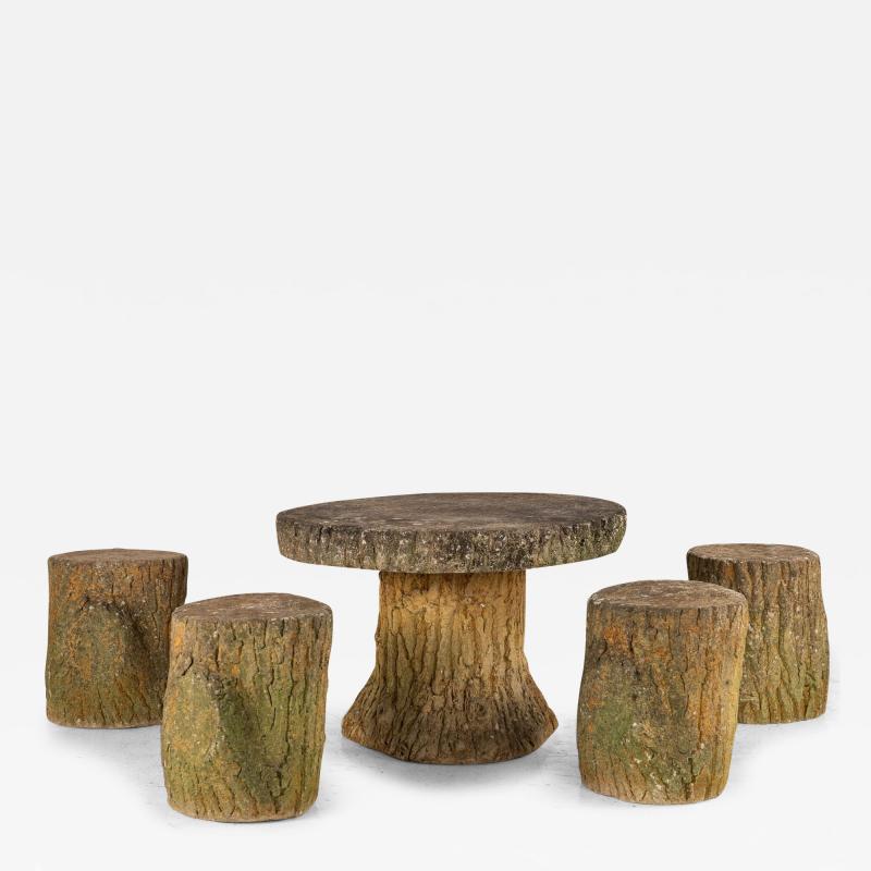 Reconstituted Stone Faux Bois Table and Stools France Mid 20th Century 20 5 h