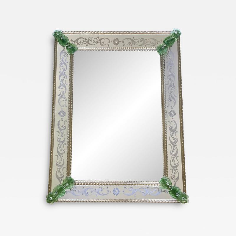 Rectangular Venetian Murano Glass Mirror Featuring Green Floreal Hand Carving