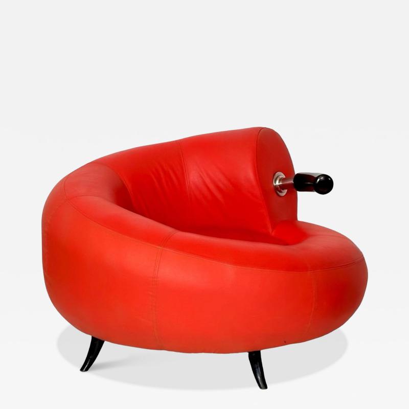 Red Leather Post Modern Lounge Chair Italy 1990