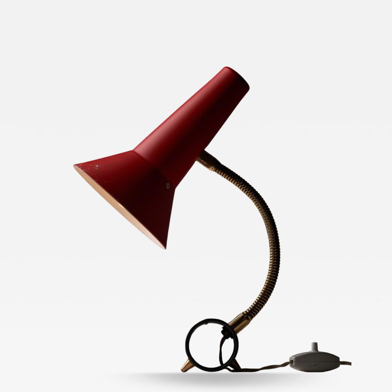 Red Metal Table Lamp with Brass Gooseneck