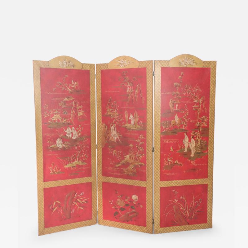Red and Gold Chinoiserie Three Panel Screen