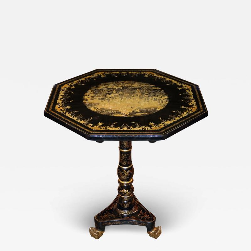 Regency Chinese Export Black Lacquer and Parcel Gilt Chinoiserie Tea Table