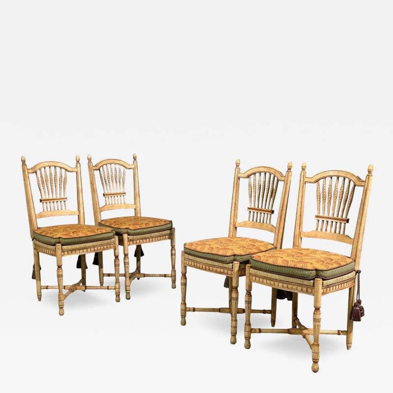Regency Four Dining Chairs Painted Wood Straw Fabric USA 1940s