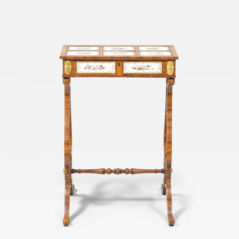 Regency Gilt Metal Mounted Tulipwood and Inlaid Porcelain Worktable