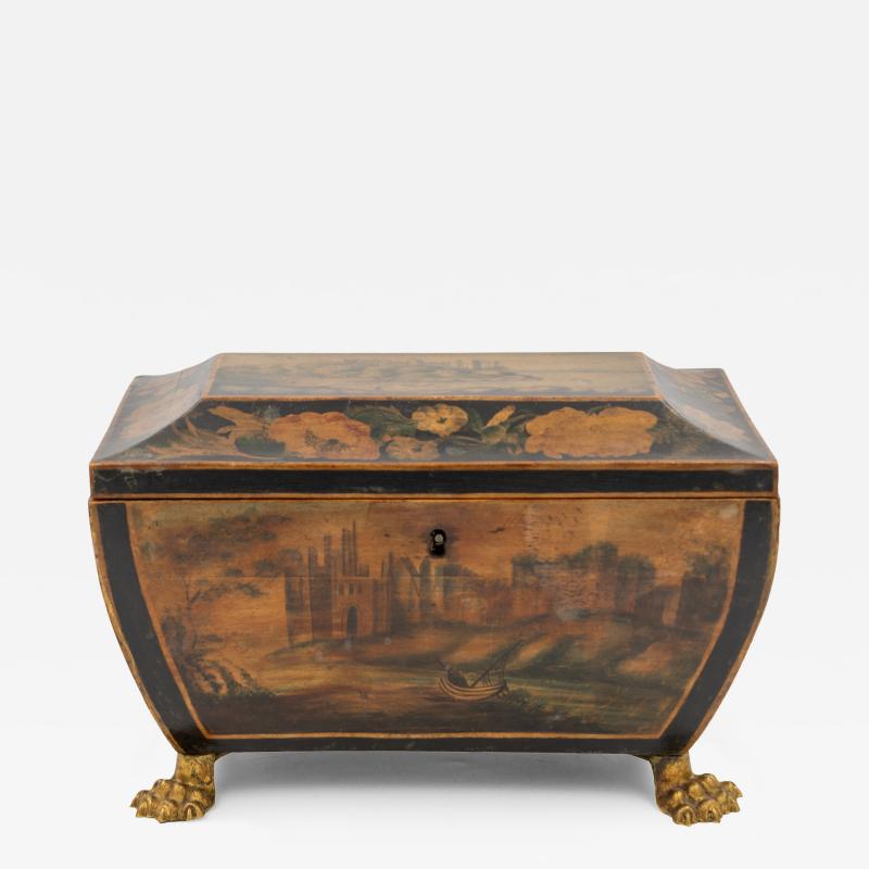 Regency Painted And Penwork Bombe Box on Gilt Lion Paw Feet English circa 1820