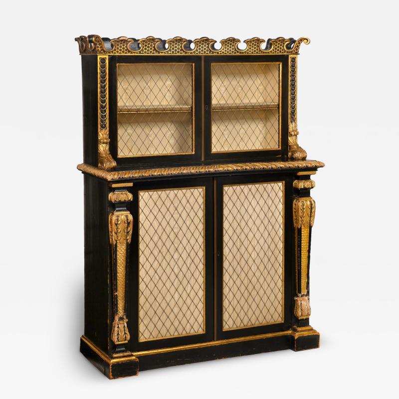 Regency Period Black and Gilt Painted Bookcase Cabinet 19th Century