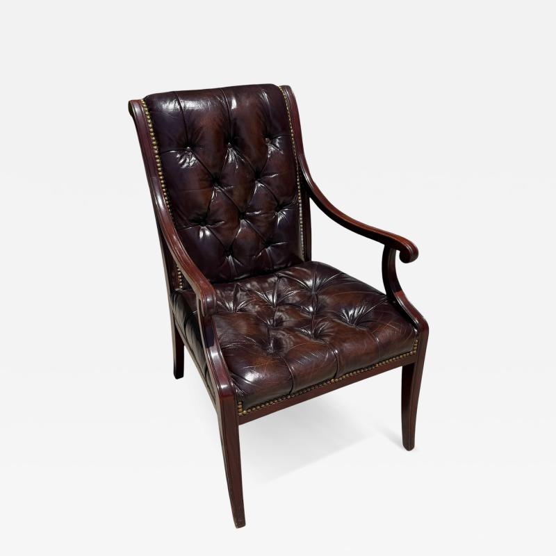Regency Style English Tufted Leather Mahogany Arm Chair 1 of 2