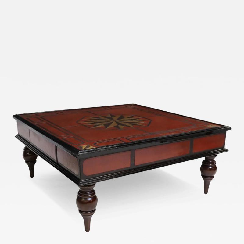 Regency Style Red Leather Hand Tooled 52 Square Coffee Cocktail Table