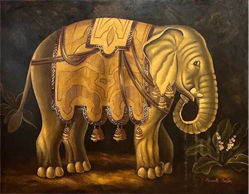 Reginald Baxter Elephant in Profile Playful Folk Art Oil on Canvas by Reginald Baxter