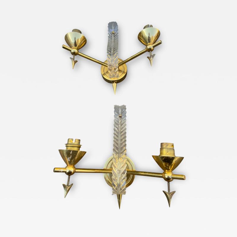 Ren Drouet 1940s Pair of Brass and lucite sconces attributed to Ren Drouet