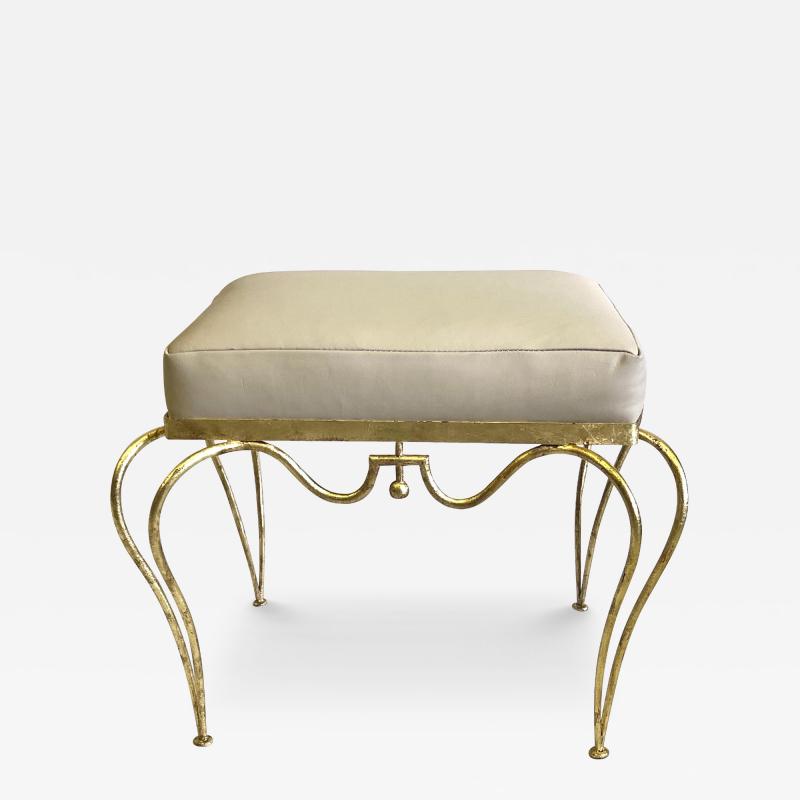 Ren Drouet Rare French Mid Century Gilt Wrought Iron Stool Bench by Rene Drouet