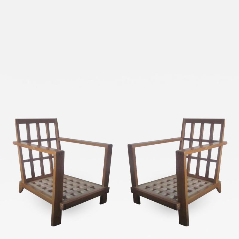 Ren Gabriel Pair of Grid Back Lounge Chairs by Rene Gabriel Paris 1947