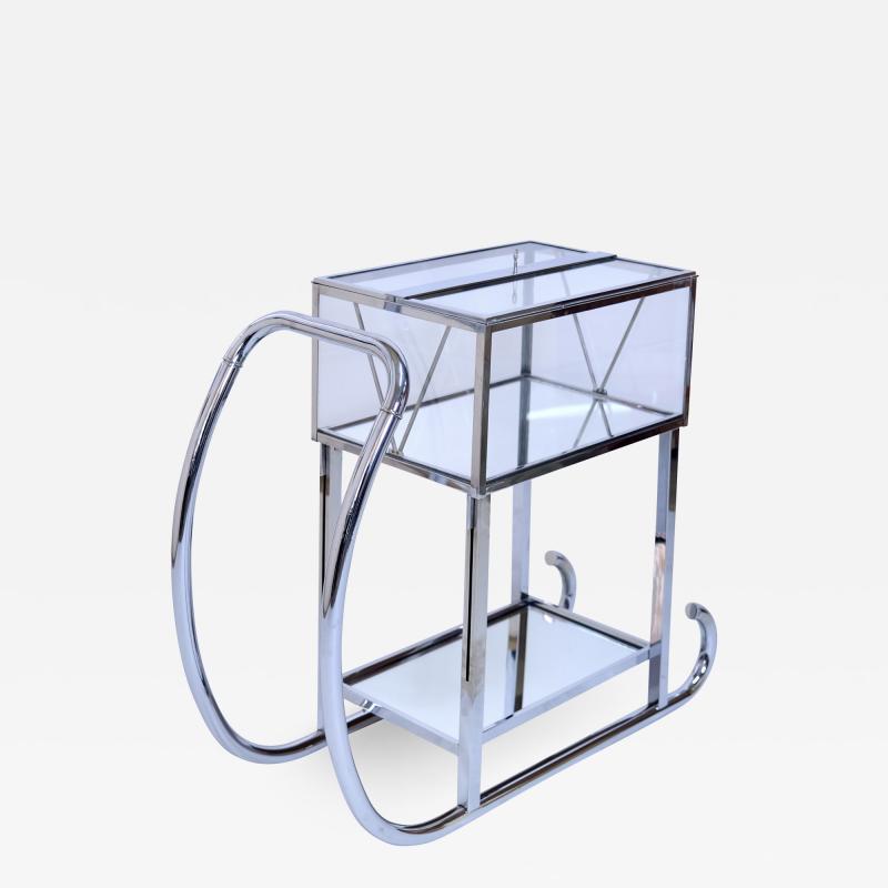 Ren Herbst Chomed French Art Deco Bar Cart Sled with Glass Case with Lift by Ren Herbst