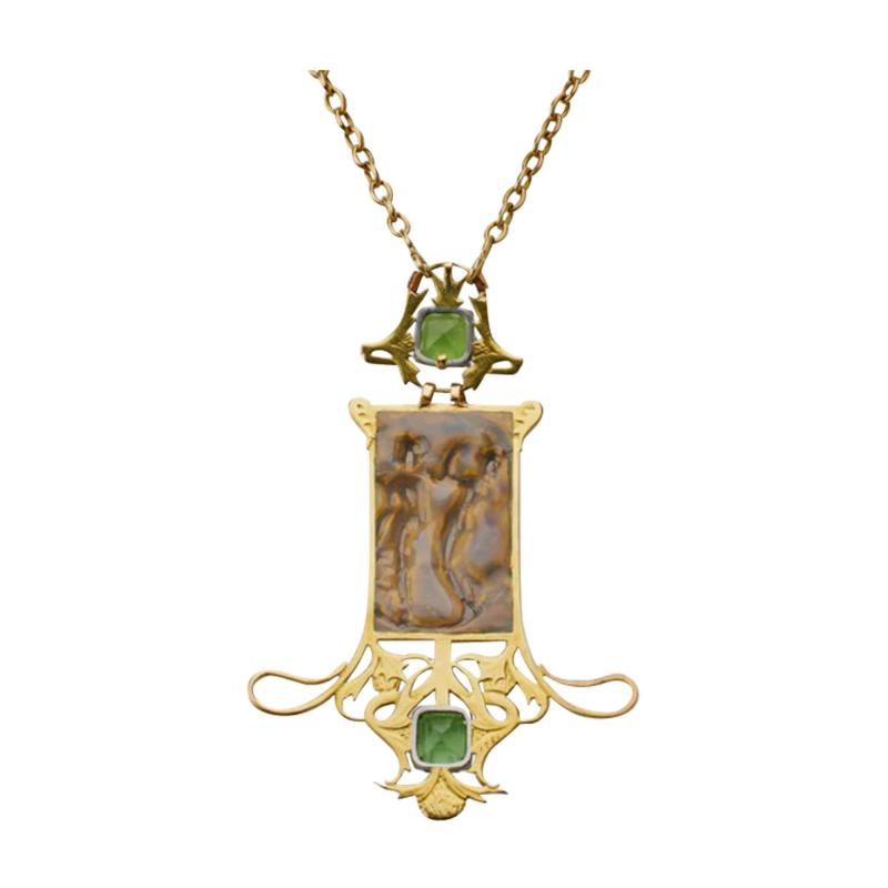 Ren Lalique Lalique Co 18K Gold Peridot and Enamel Pendant Dancing Figures Pendant Necklace