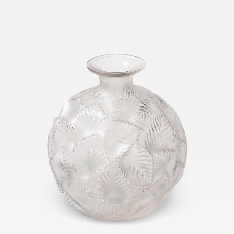Ren Lalique Lalique Co Art Deco Molded Frosted Glass Vase Ormeaux signed Lalique