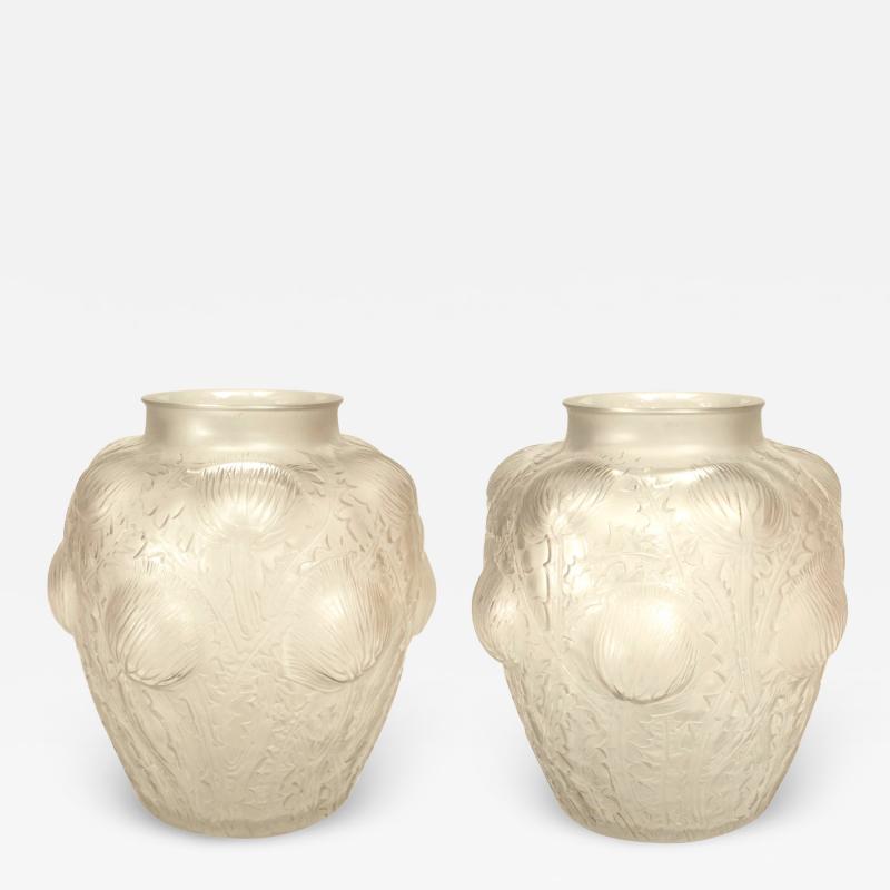 Ren Lalique Lalique Co Pair of French Art Deco Frosted Glass Domremy Lalique Vases