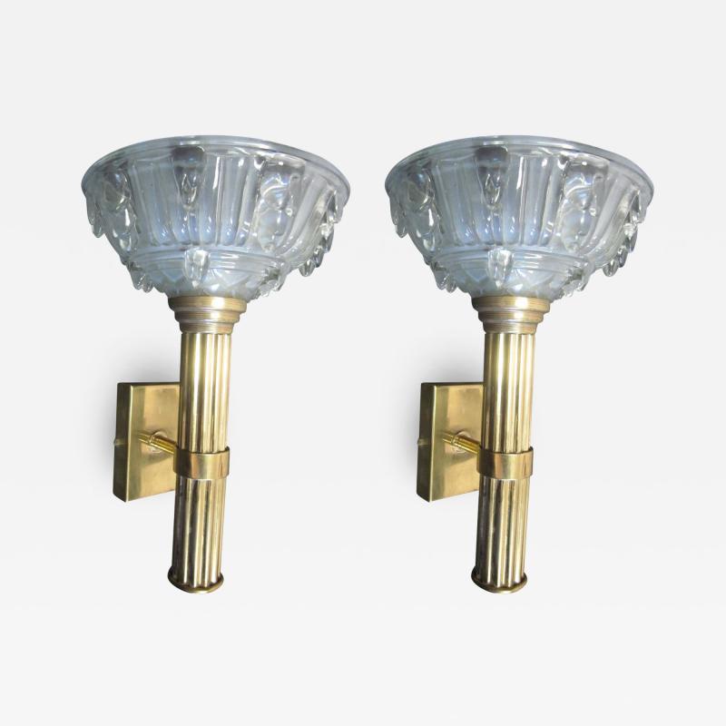 Ren Lalique Lalique Co Pair of Large French Mid Century Modern Torch Sconces Attributed to Ren Lalique