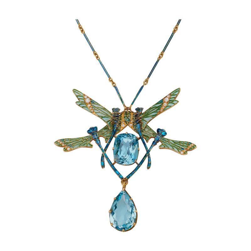 Ren Lalique Lalique Co Plique jour Enamel and Aquamarine Four Dragonflies Pendant Necklace