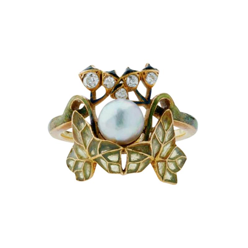 Ren Lalique Lalique Co Ren Lalique Art Nouveau Natural Pearl Diamond and Plique jour Enamel Lierre