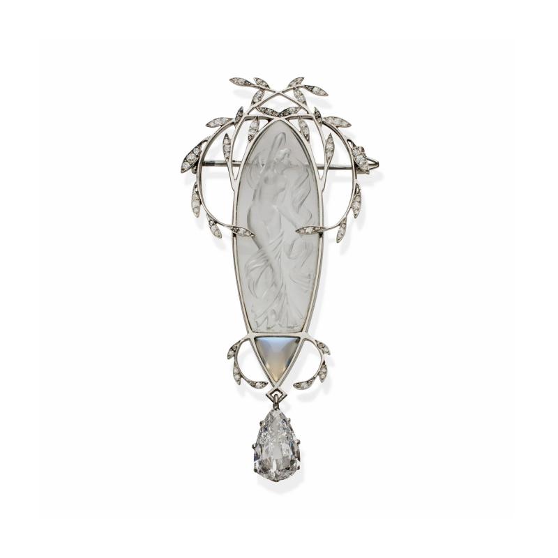 Ren Lalique Lalique Co Ren Lalique Diamond and Carved Crystal Brooch