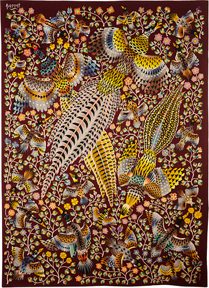 Ren Perrot Modern Aubusson tapestry by Ren Perrot Three pheasants wool